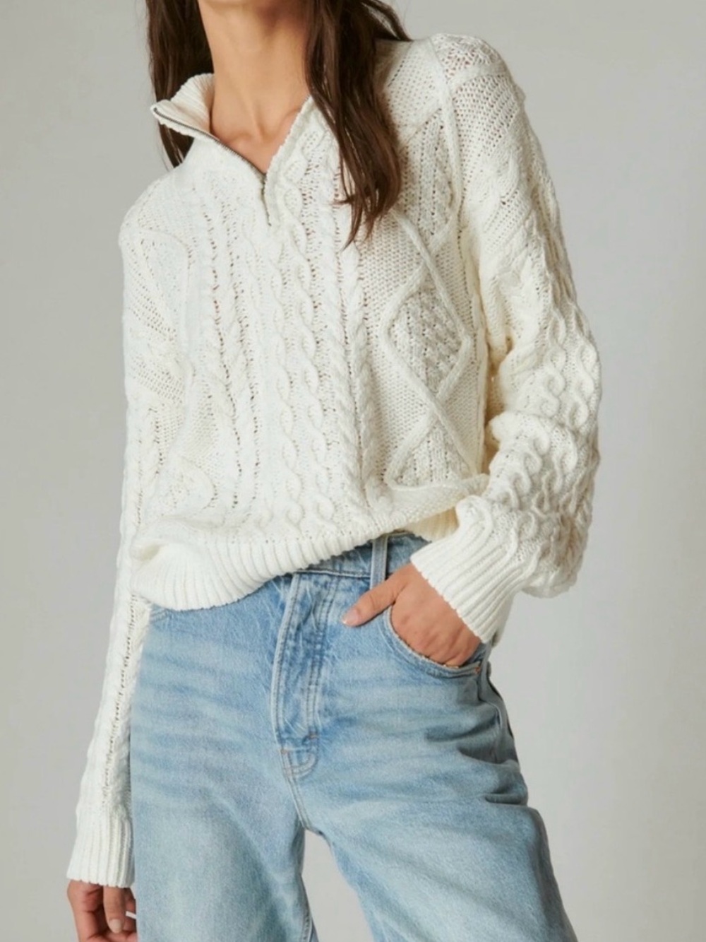 Lucky Brand Cream Knit Zip-Up Sweater